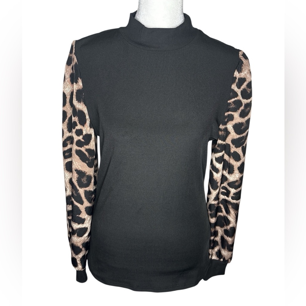 SHEIN Black Top with Leopard Print Sleeves